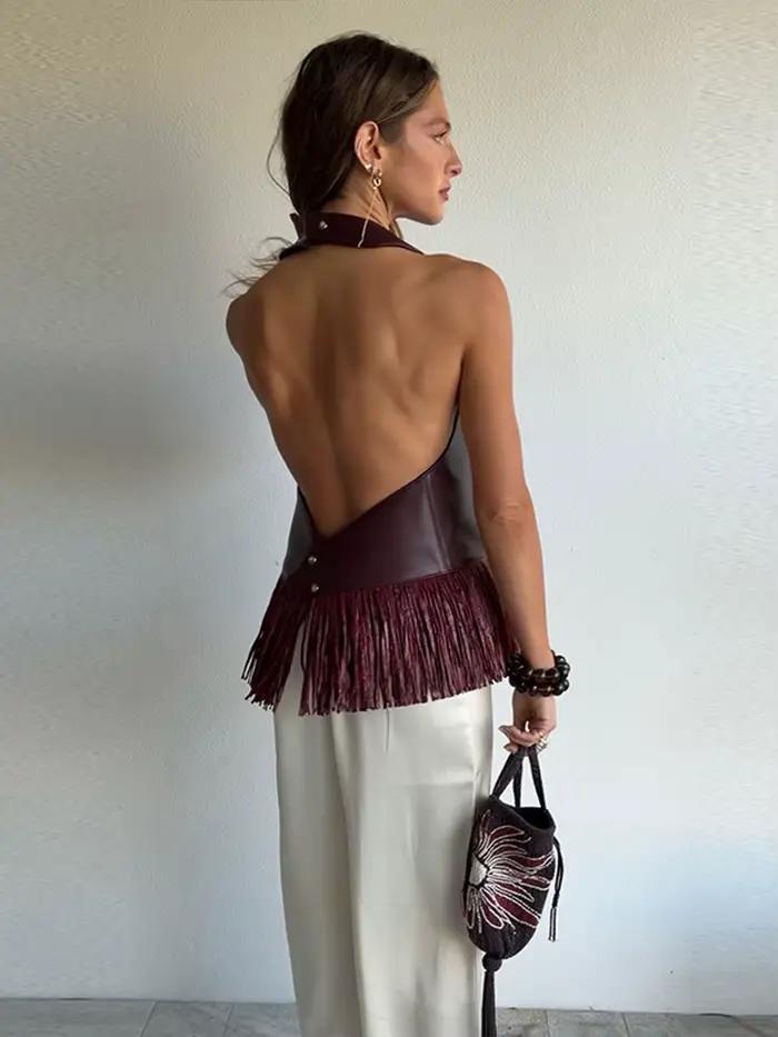 Débardeur femme à franges en similicuir