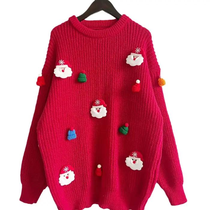 2025 noël Santa tricot pull femmes mignon col rond à manches longues chaud