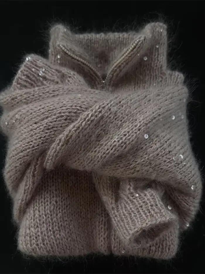Paillettes tricot femmes pull élégant col montant Y2k manches longues chandails dame 2025 nouveau automne hiver femme veste tricots