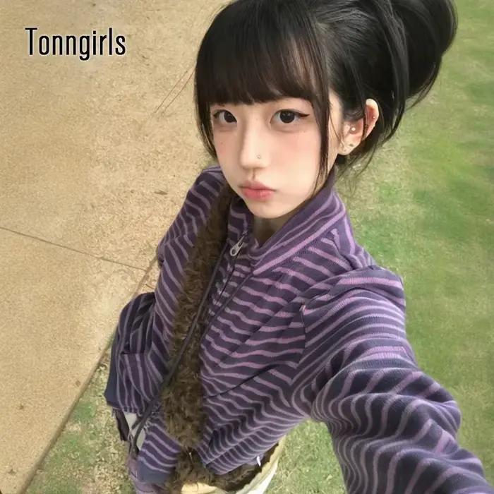 Tonngirls Y2k sweats japonais femmes à manches longues rayé col montant sweat haute rue graphique manteaux d'hiver e-girls