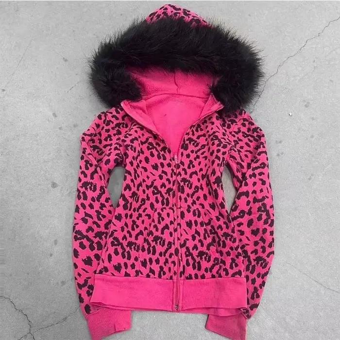 Sweat-shirt à capuche et fermeture éclair imprimé léopard rose