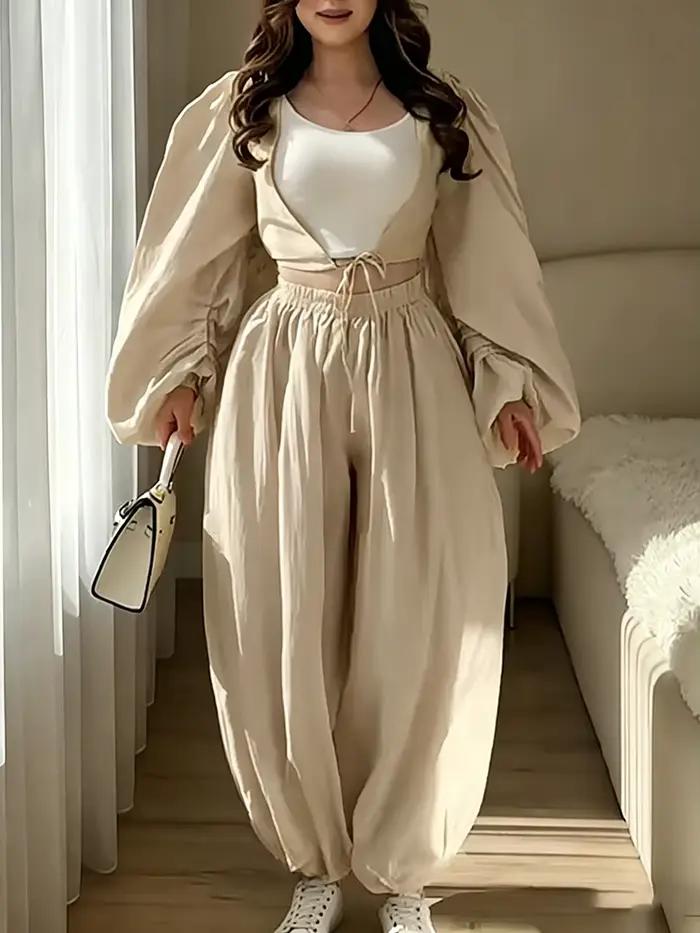 Ensemble deux pièces marron haut court et pantalon lantern décontracté pour femme printemps été occasions spéciales