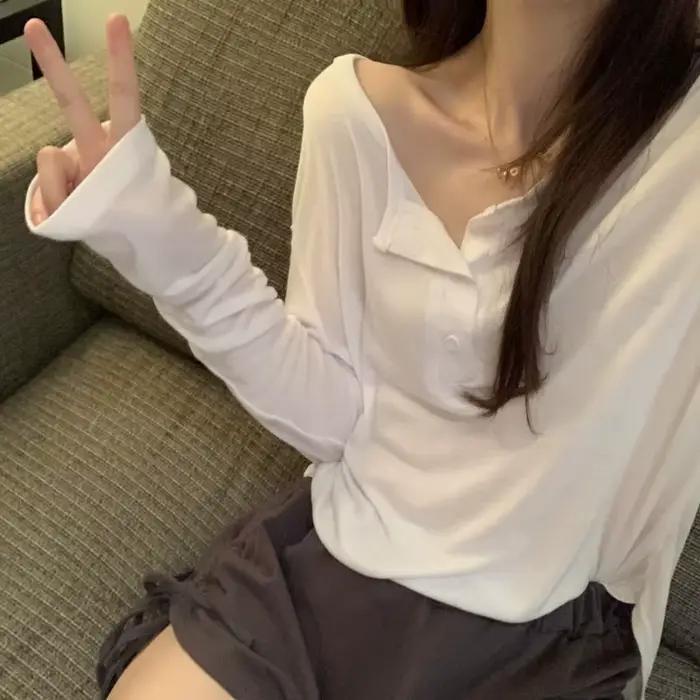 T-shirt Chic à Manches pour Femme Loisirs Simple Couleur Unie Décontracté Style Coréen Occasions Spéciales Automne Printemps