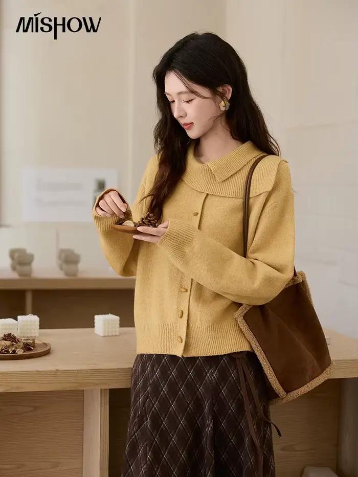 MISHOW Cardigan en tricot jaune moutarde pour femme