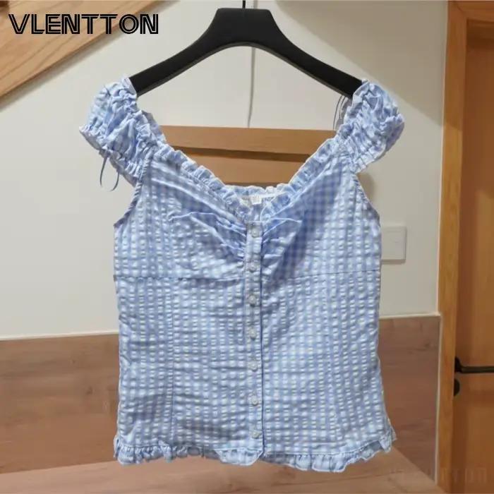 Chemisier court boutonné à col carré en gingham bleu pour femme