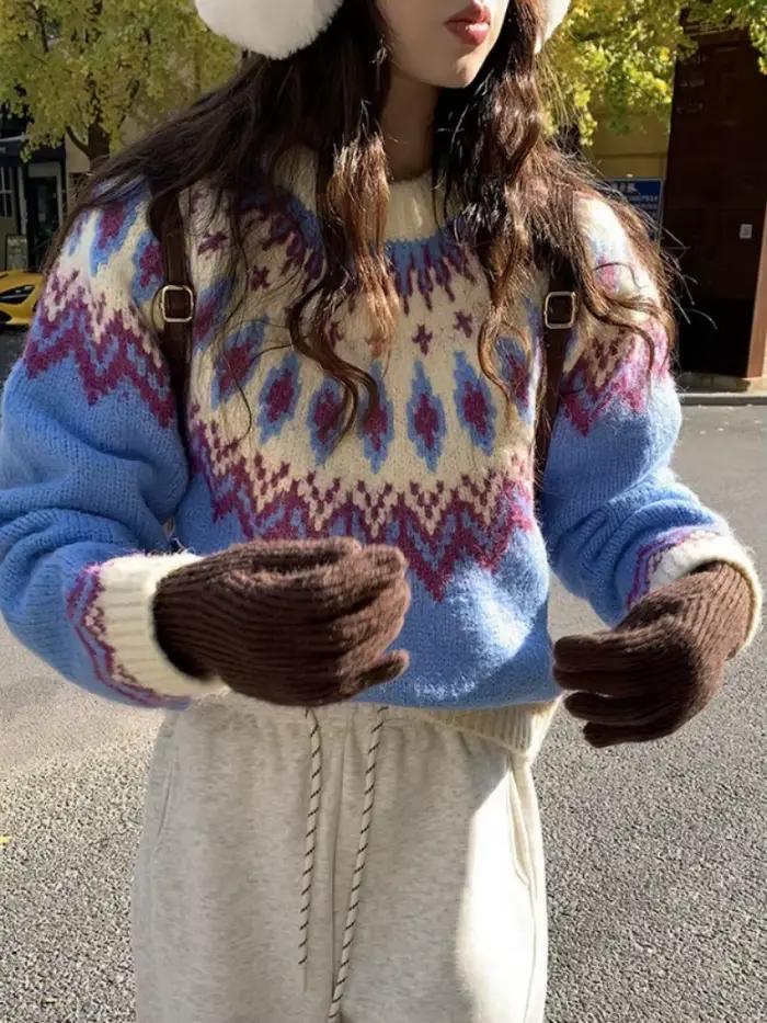 Femmes tricot pull 2025 nouveau rose pull femmes Fair Isle Jacquard Preppy Style automne hiver tricot pull
