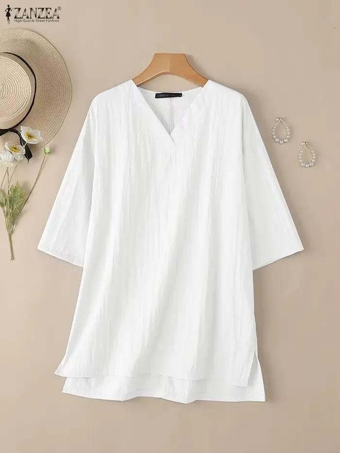 Femmes élégantes Blouse ample ZANZEA automne solide mince hauts décontracté col en V 3/4 manches Blusas femme OL