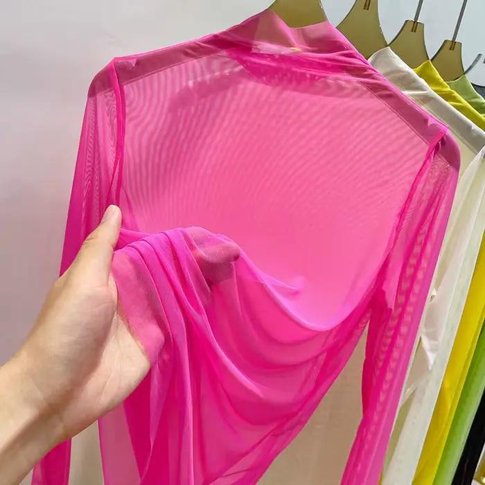 T-shirt à manches longues en gaze transparente pour femmes, vêtements d'été, chemise à col mi-haut, polyesthère et élasthanne, décontracté, saison estivale, ajustement parfait, BIDIJONES