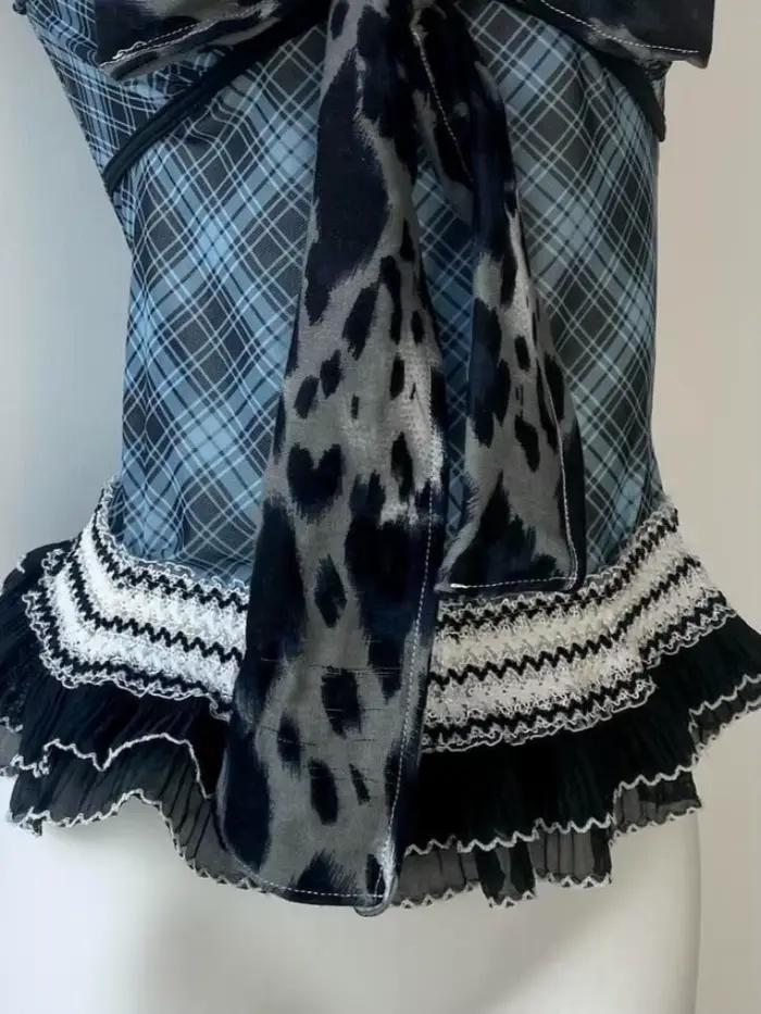 Haut Y2K esthétique en dentelle patchwork à carreaux pour femme style Harajuku streetwear féerique grunge vintage haut court occasions spéciales