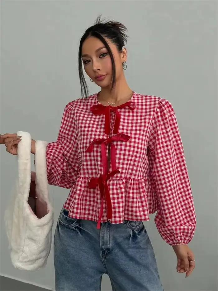 Chemisier lanterne à carreaux polyester et élasthanne pour filles junior style doux col rond printemps automne mousseline ajustement lâche