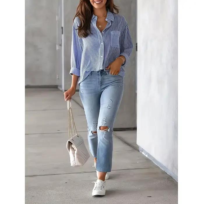 Chemise Classique à Rayures Bleues Pour Femmes Style Décontracté Taille Ample Femmes Occasions Spéciales Bureau Automne Hiver