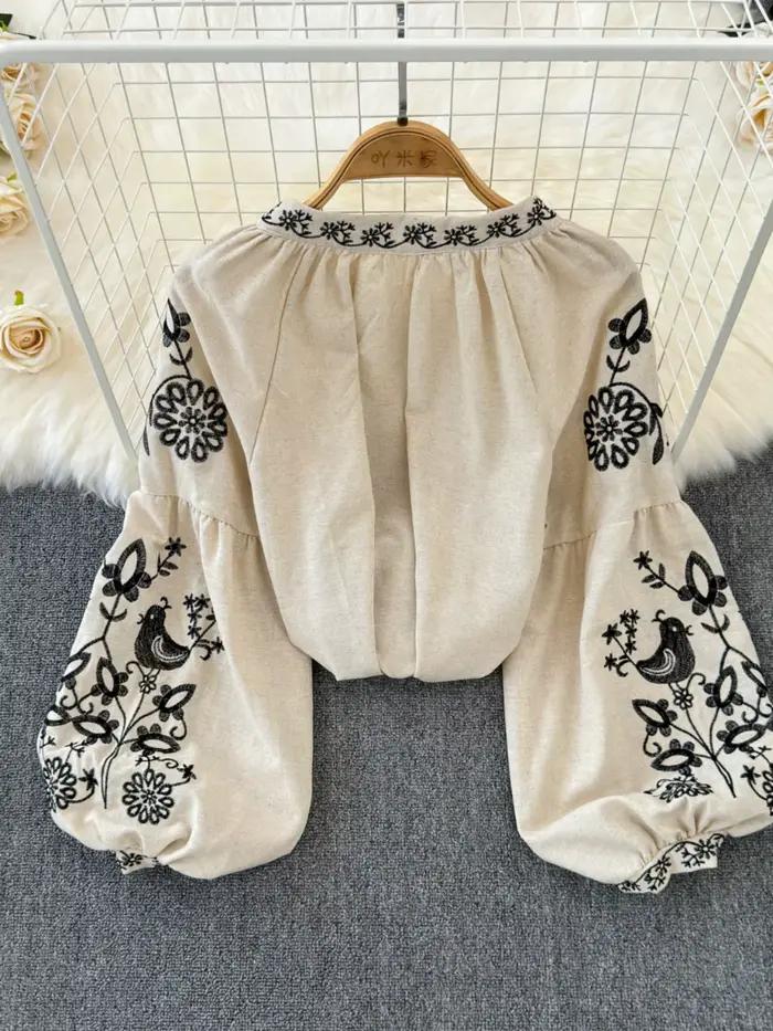 Boho été Blusas De Mujer à lacets col rond manches bouffantes broderie florale femme