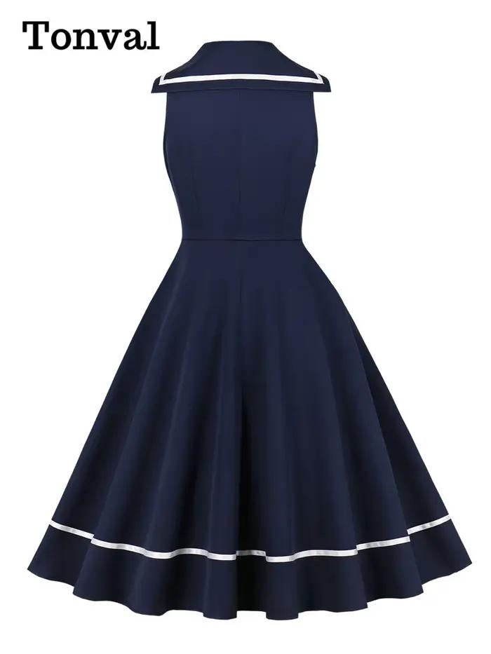 Tonval col marin et nœud rouge sans manches bleu marine femmes robe Style Vintage 2026 printemps été contraste bande robes mi-longues