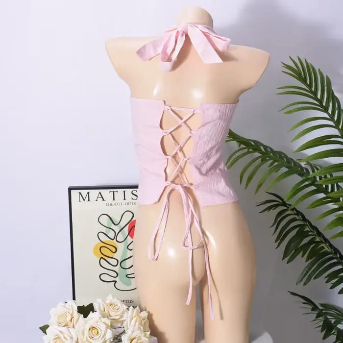 Chic rose plissé hauts sans manche mode à lacets épaules dénudées coupe ajustée licou gilet nouveau femmes été vacances haut de fête 2025