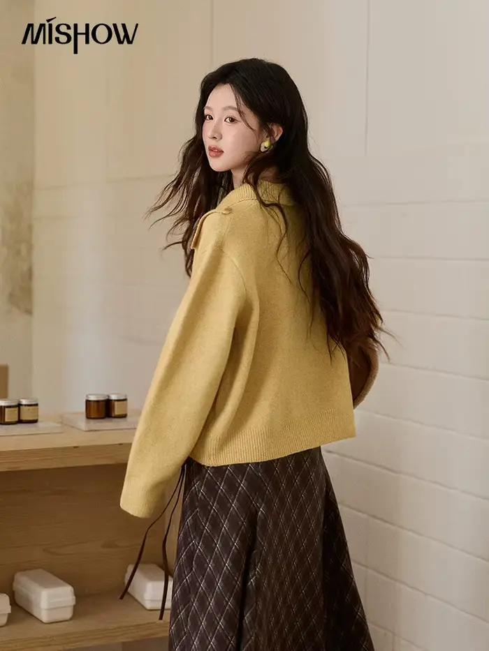 MISHOW Cardigan en tricot jaune moutarde pour femme