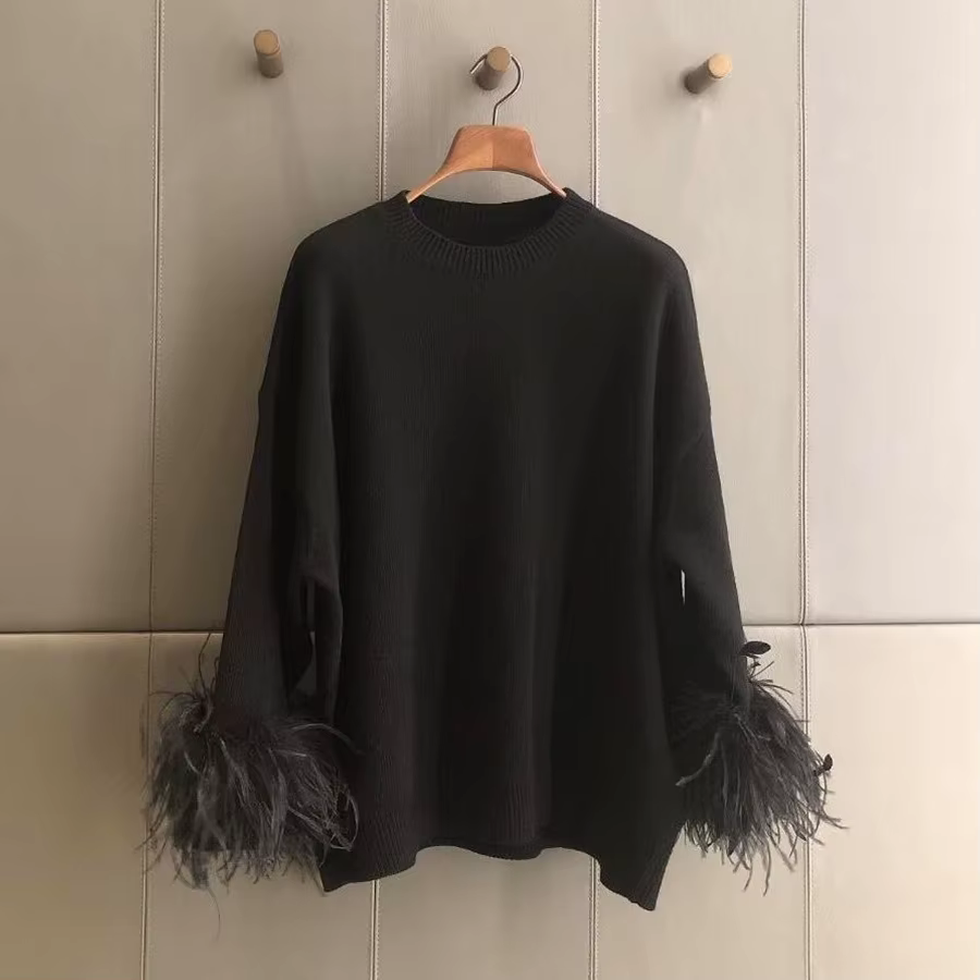Pull noir en plumes d'autruche pour femme, manches longues, col rond, tricoté, doux, haut d'automne
