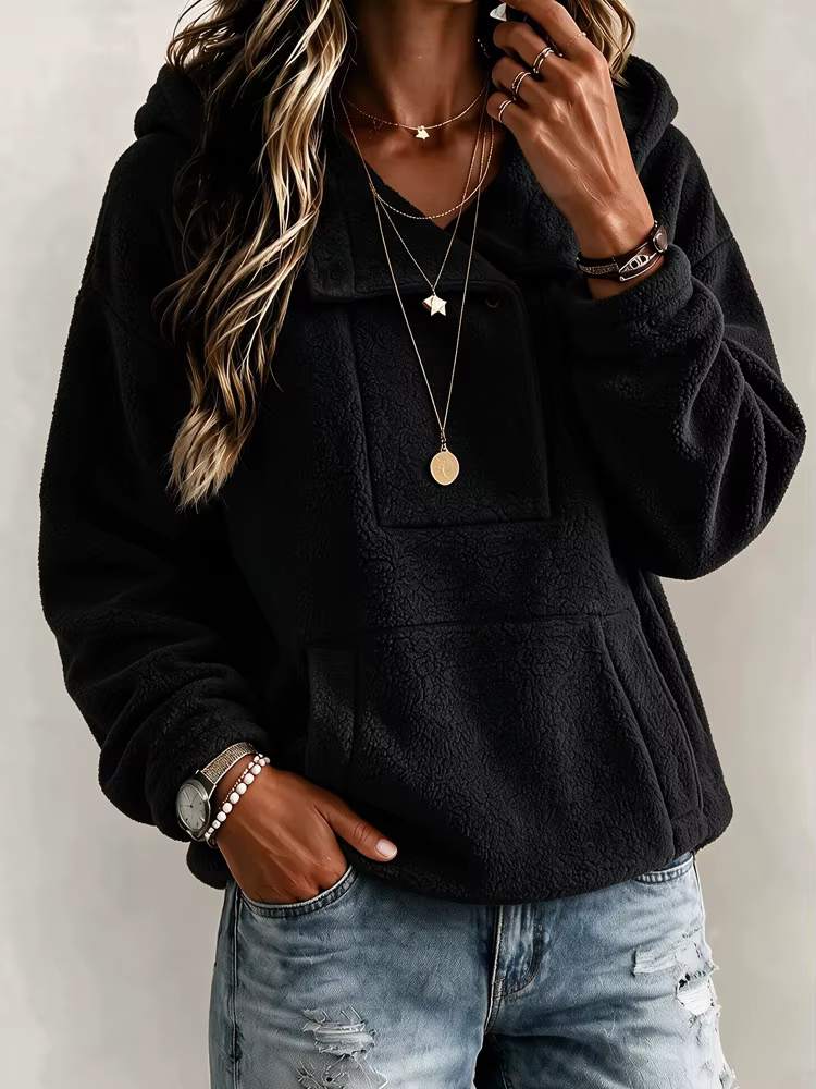 Sweat à capuche en polaire pour femme, pull uni à demi-boutons, manches longues, sweat chaud d'hiver