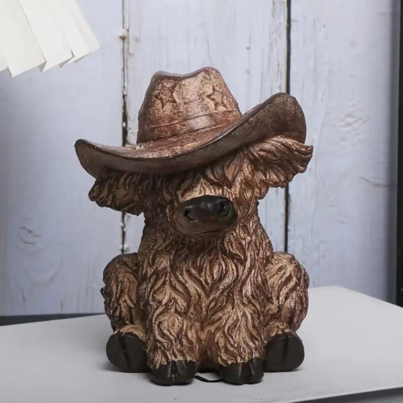 Statue jardin vache des hautes terres avec chapeau Cowboy, fermes bétail écossaises, décorations mai
