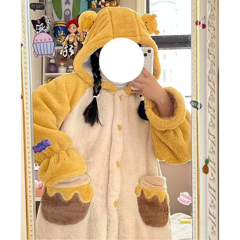 Bear-Robe pyjama à capuche en peluche pour femme, peignoir chaud, chemise de nuit douce, vêtements p