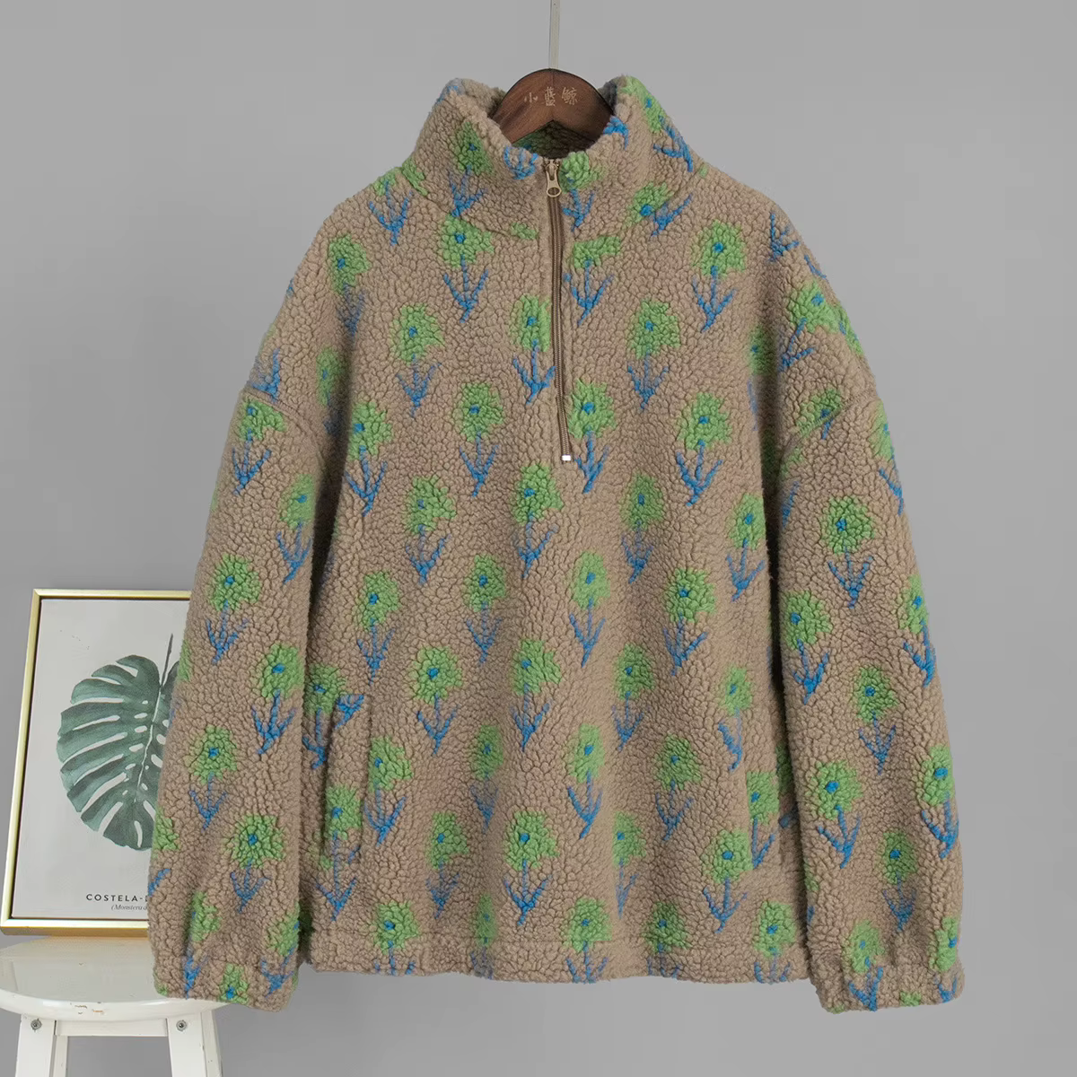 Sweat-shirt en polaire pour femme, demi-zip, jacquard floral, col montant, coupe ample, chaud, hiver