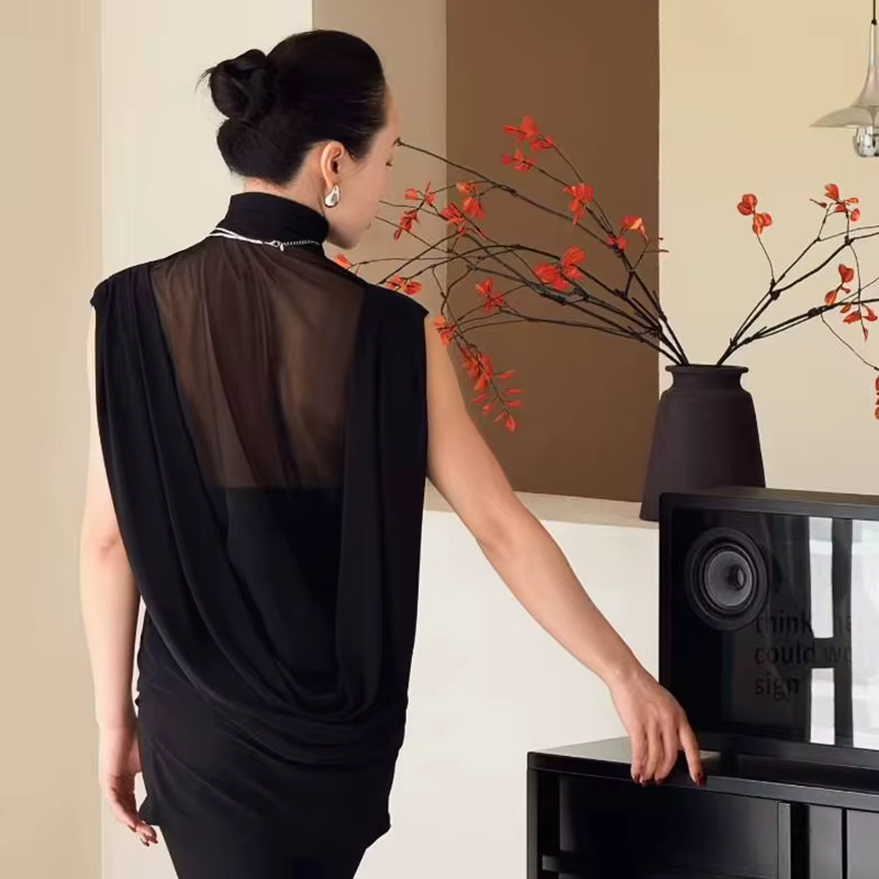Hauts de danse latine amples pour femmes, sans manches, col haut noir, vêtements de danse pour ensei