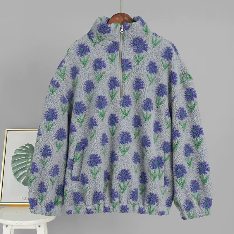 Sweat à capuche polaire pour femme, chaud, automne-hiver, avec demi-fermeture éclair, jacquard, patc