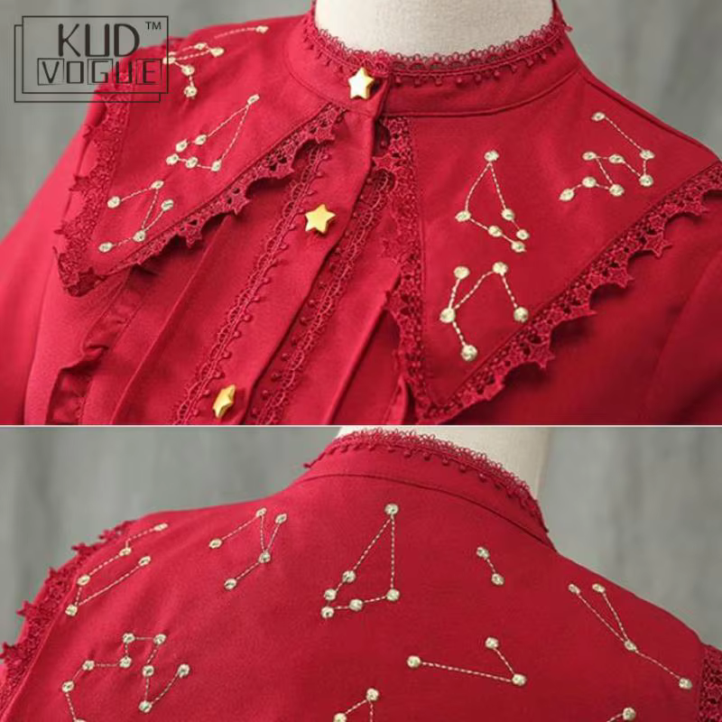 Chemisier Lolita Brodé Vintage pour Femme, en Dentelle, Manches sulfÉvasées, en Mousseline de Soie, à Volants, Gothique, Rouge, Noir, Blanc