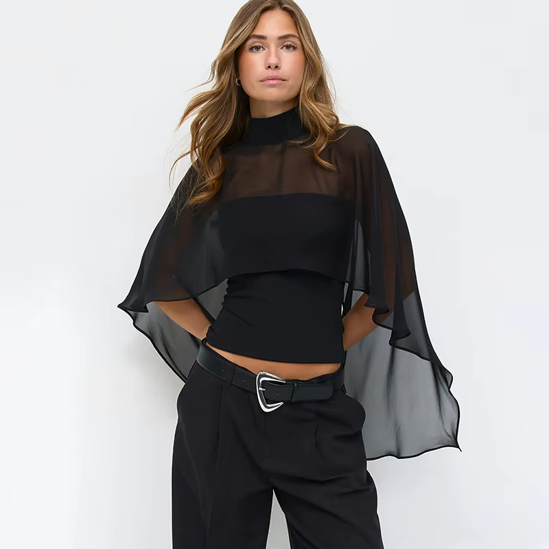 Élégant ensemble 2 pièces superposé pour femme : haut cape en mousseline à col montant et dos ajouré, manches cape transparentes et fluides, haut court ajusté, pour le quotidien et les soirées