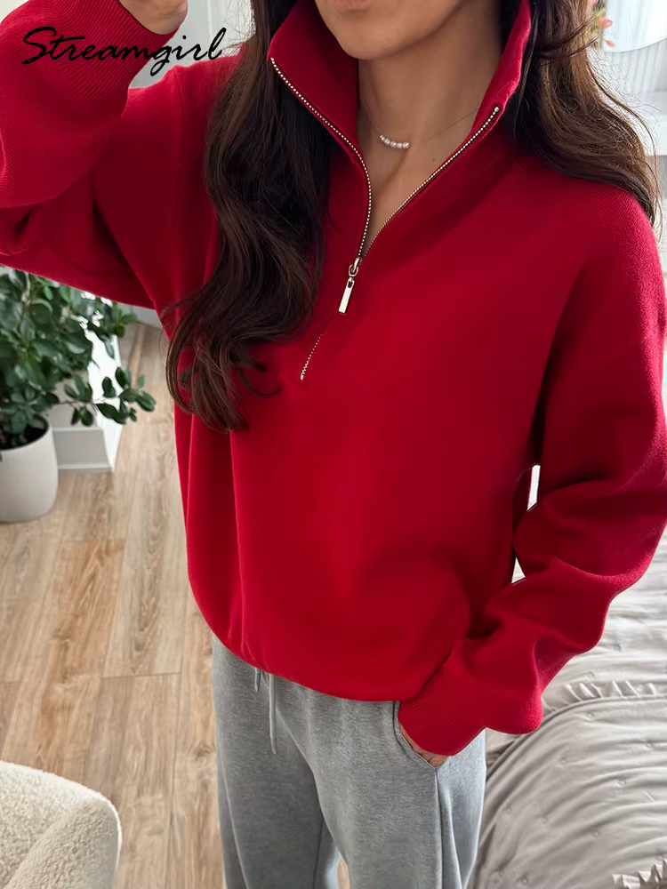 Pull-over zippé d'hiver pour femme, chaud, oversize, col roulé, pulls d'automne en maille marron, pulls rouges zippés pour femme, épais
