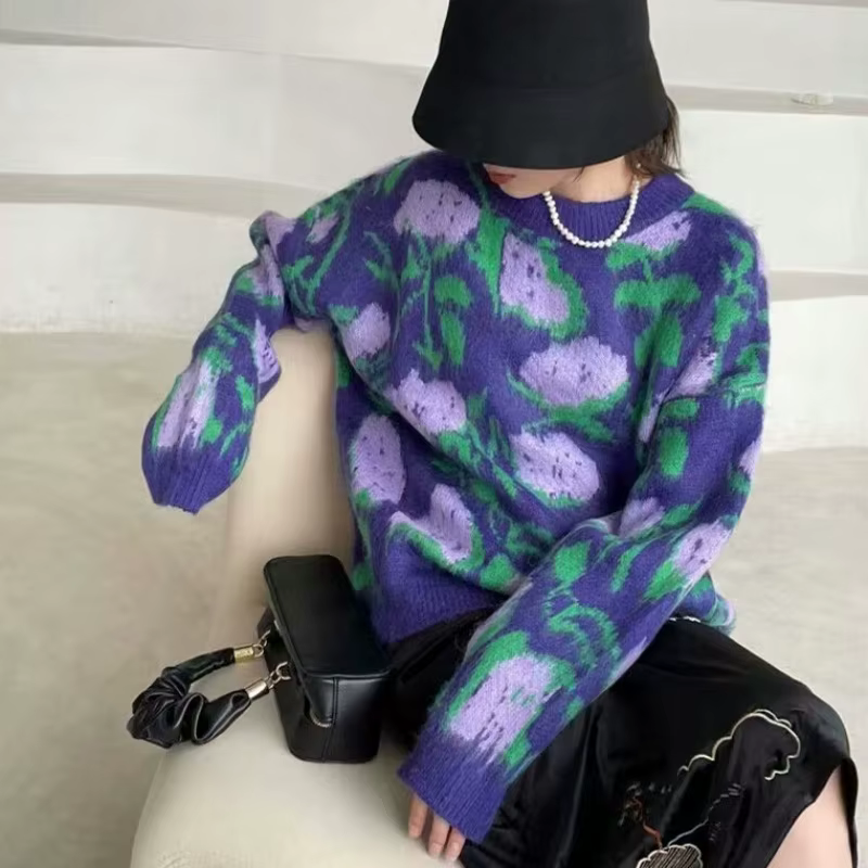 Pull d'extérieur ample pour femme, automne et hiver, Rose violette, rétro, col rond, paresseux, tricoté, nouvelle collection 2025