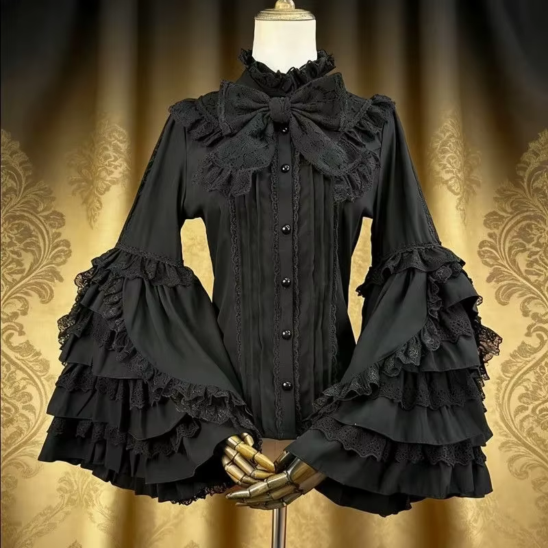 Blouses Vintage Style Lolita 2026 Blusas Mujer De Moda Chemises Japonaises à Nœud Col Montant Manches Évasées Tunique Blouse Gothique Douce