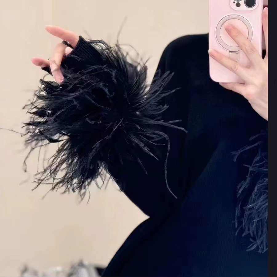 Pull noir en plumes d'autruche pour femme, manches longues, col rond, tricoté, doux, haut d'automne