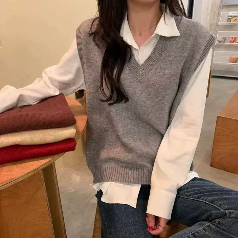Gilet pull sans manches pour femme, couleur unie, coupe ample, col en V, gilet tricoté, idéal pour l'automne et l'hiver, vêtement de base décontracté, gilet en tricot.