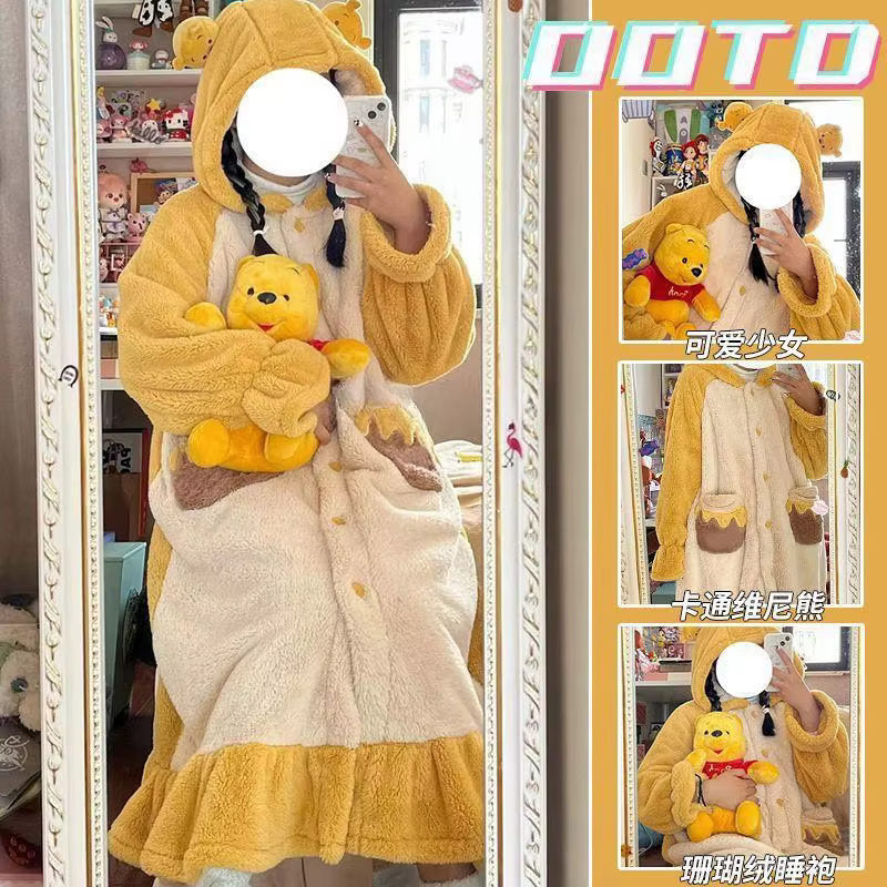 Bear-Robe pyjama à capuche en peluche pour femme, peignoir chaud, chemise de nuit douce, vêtements pour la maison, mode féminine, glouton, nouveau