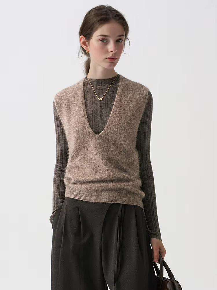 Gilet en laine polaire pour femmes, col en V, automne-hiver, mélange 4% cachemire 91% laine, hauts en tricot.
