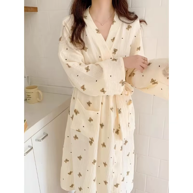 Femmes Robe de bain dessin animé mignon ours imprimé peignoir chemise de nuit Cardigan à manches longues chemise de nuit grande taille vêtements de détente chemise de nuit Ro