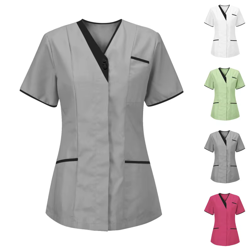 Tenue de travail clinique, uniforme médical d'infirmière, haut de blouse médicale à manches courtes, vêtements de médecin, blouse médicale unie à col en V, tenue de travail