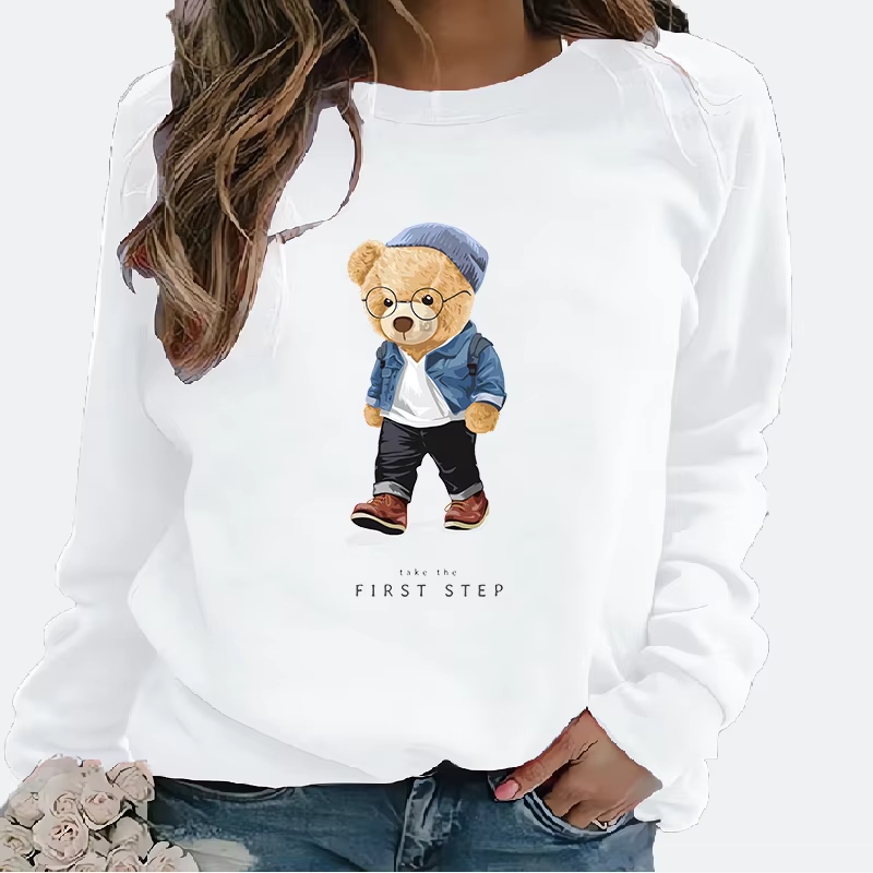 Sweat à capuche à col rond imprimé ours pour femmes, Streetwear décontracté à la mode, haut de Style européen et américain