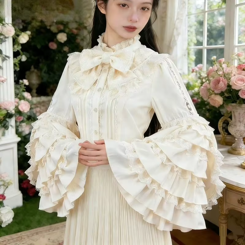 Blouses Vintage Style Lolita 2026 Blusas Mujer De Moda Chemises Japonaises à Nœud Col Montant Manches Évasées Tunique Blouse Gothique Douce
