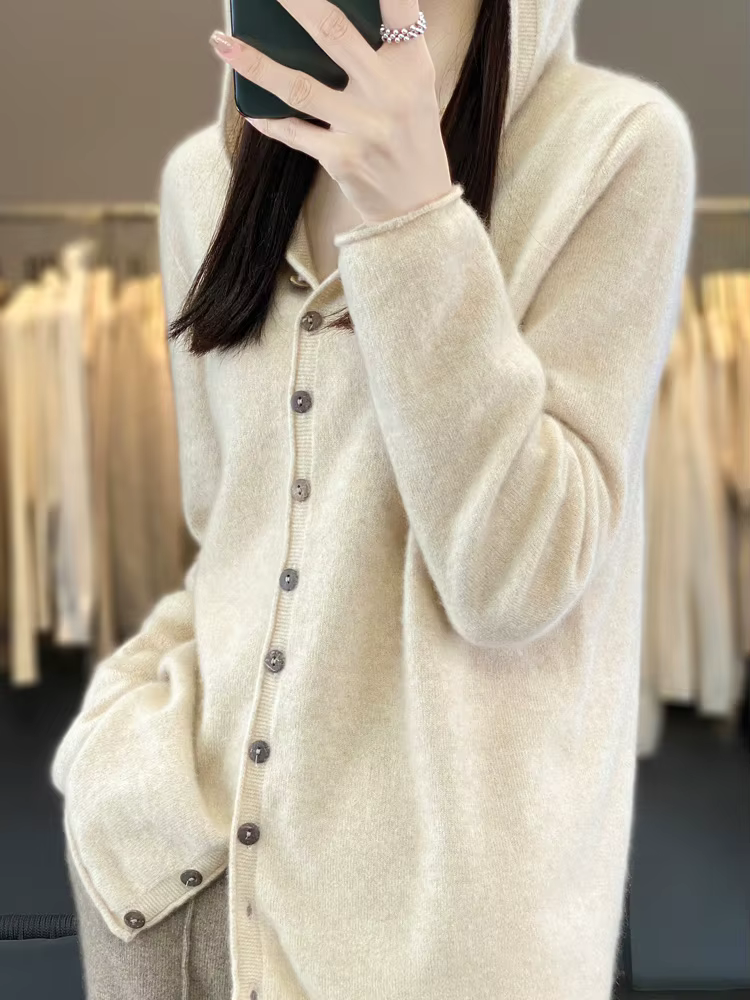 Nouveau Cardigan Femme 100% Laine Mérinos à Capuche Tricoté Couleur Unie Automne Hiver Simple Boutonnage Vêtement Doux pour la Peau