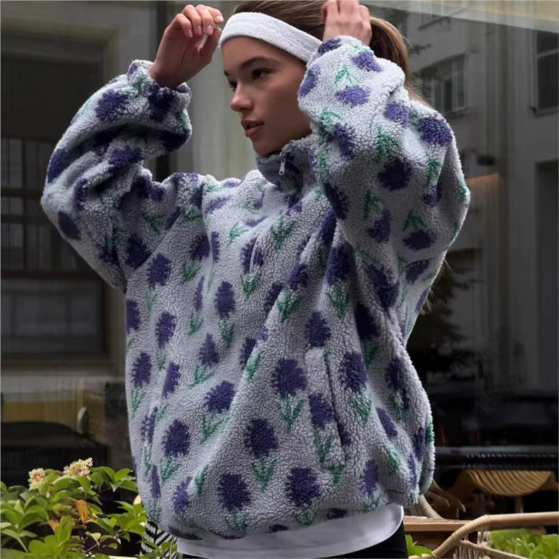 Sweat-shirt en polaire pour femme, demi-zip, jacquard floral, col montant, coupe ample, chaud, hiver, sherpa, pull à manches longues, décontracté