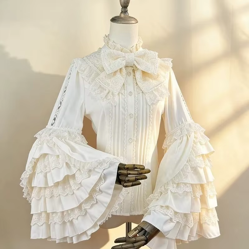 Blouses Vintage Style Lolita 2026 Blusas Mujer De Moda Chemises Japonaises à Nœud Col Montant Manches Évasées Tunique Blouse Gothique Douce