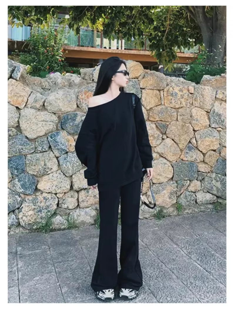 Sweat-shirt à épaules dénudées pour femme, ample, minimaliste, amincissant, tempérament paresseux, une épaule, manches rondes, tendance, printemps automne