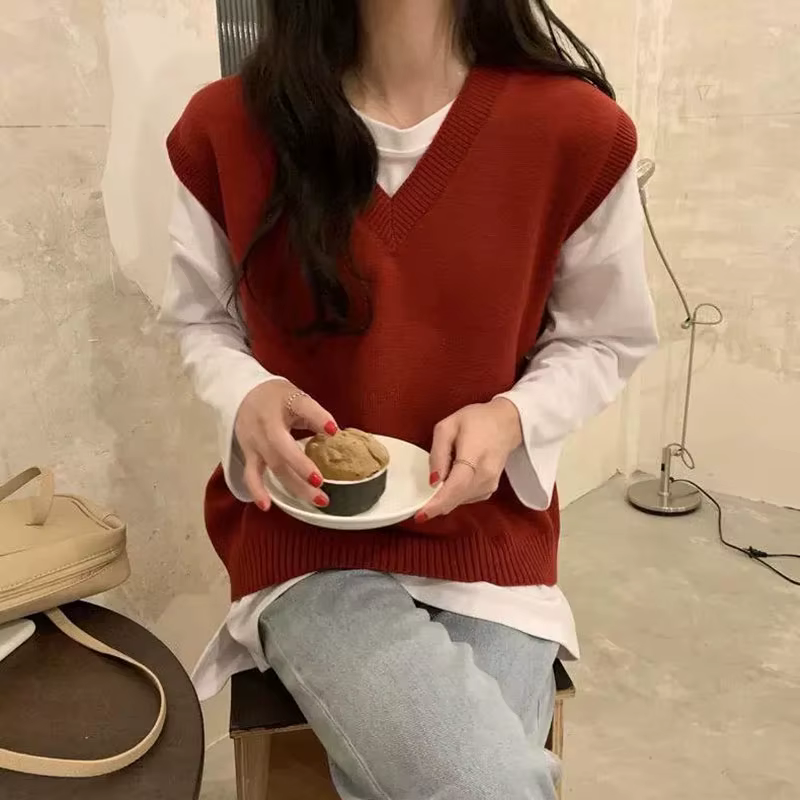 Gilet pull sans manches pour femme, couleur unie, coupe ample, col en V, gilet tricoté, idéal pour l'automne et l'hiver, vêtement de base décontracté, gilet en tricot.
