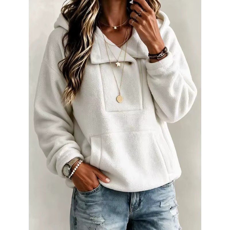 Sweat à capuche en polaire pour femme, pull uni à demi-boutons, manches longues, sweat chaud d'hiver