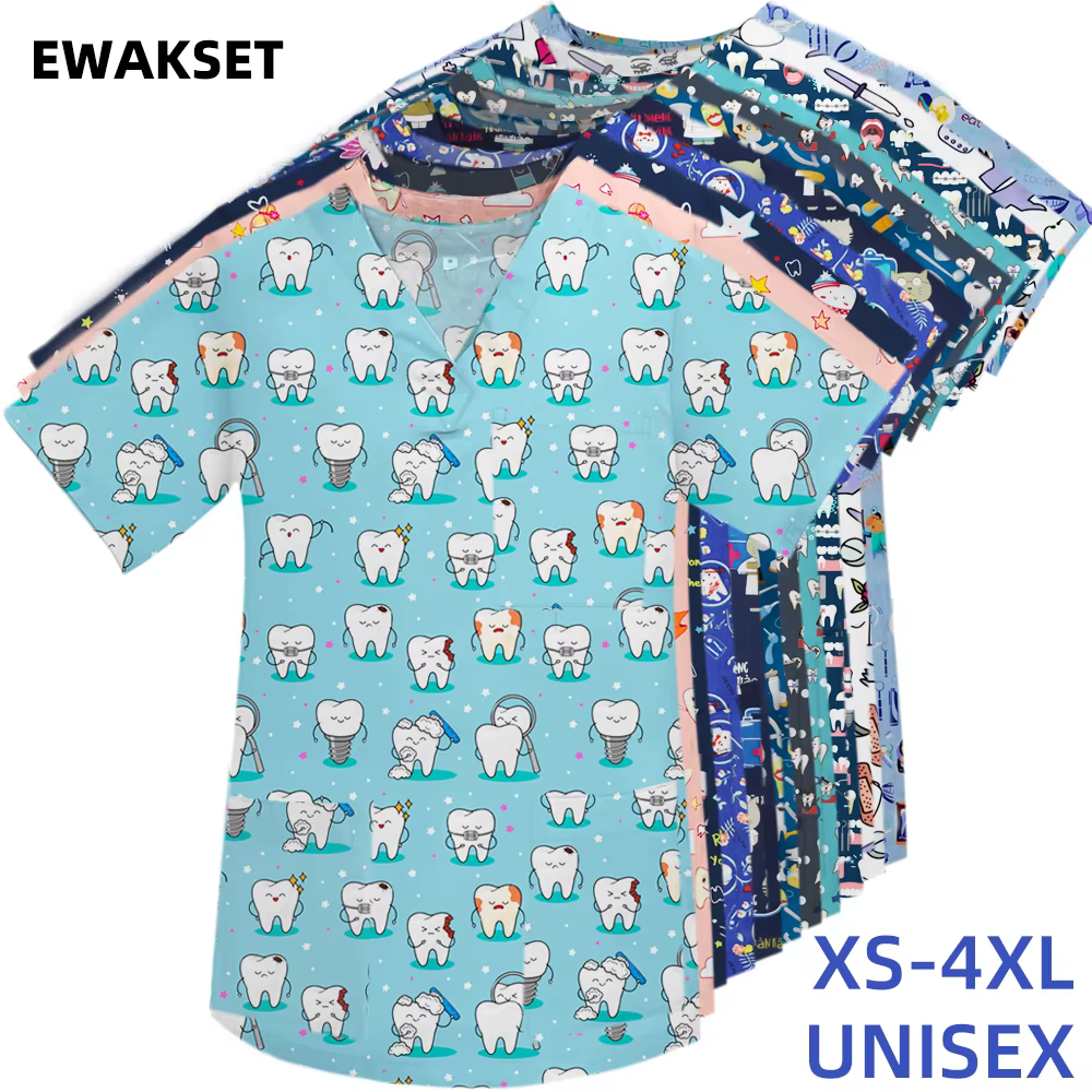 Uniformes de travail d'hôpital, imprimé de dents Medcine, chemisier d'allaitement à col en v, uniforme de clinique dentaire, hauts de gommage à manches courtes pour infirmière médicale