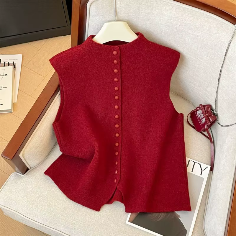 Pull élégant sans manches en tricot, simple boutonnage, gilet à boutons, Streetwear décontracté, débardeur pour dames, pull irrégulier