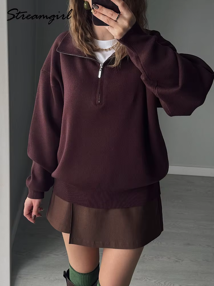 Pull-over zippé d'hiver pour femme, chaud, oversize, col roulé, pulls d'automne en maille marron, pulls rouges zippés pour femme, épais