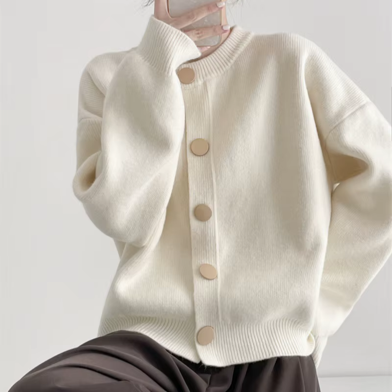 Pull pour femme, idéal pour l’automne et l’hiver, à boutons, de couleur unie, pull en tricot pour étudiantes, cardigan ample pour femme, haut à col rond.