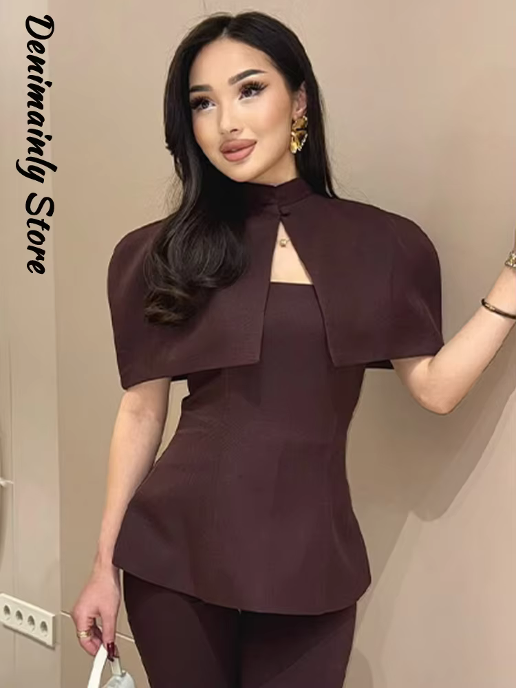 Mode bustiers avec châle femmes mince bretelles haut sans manches demi col haut châles 2 pièces ensembles 2026 printemps dame vêtements